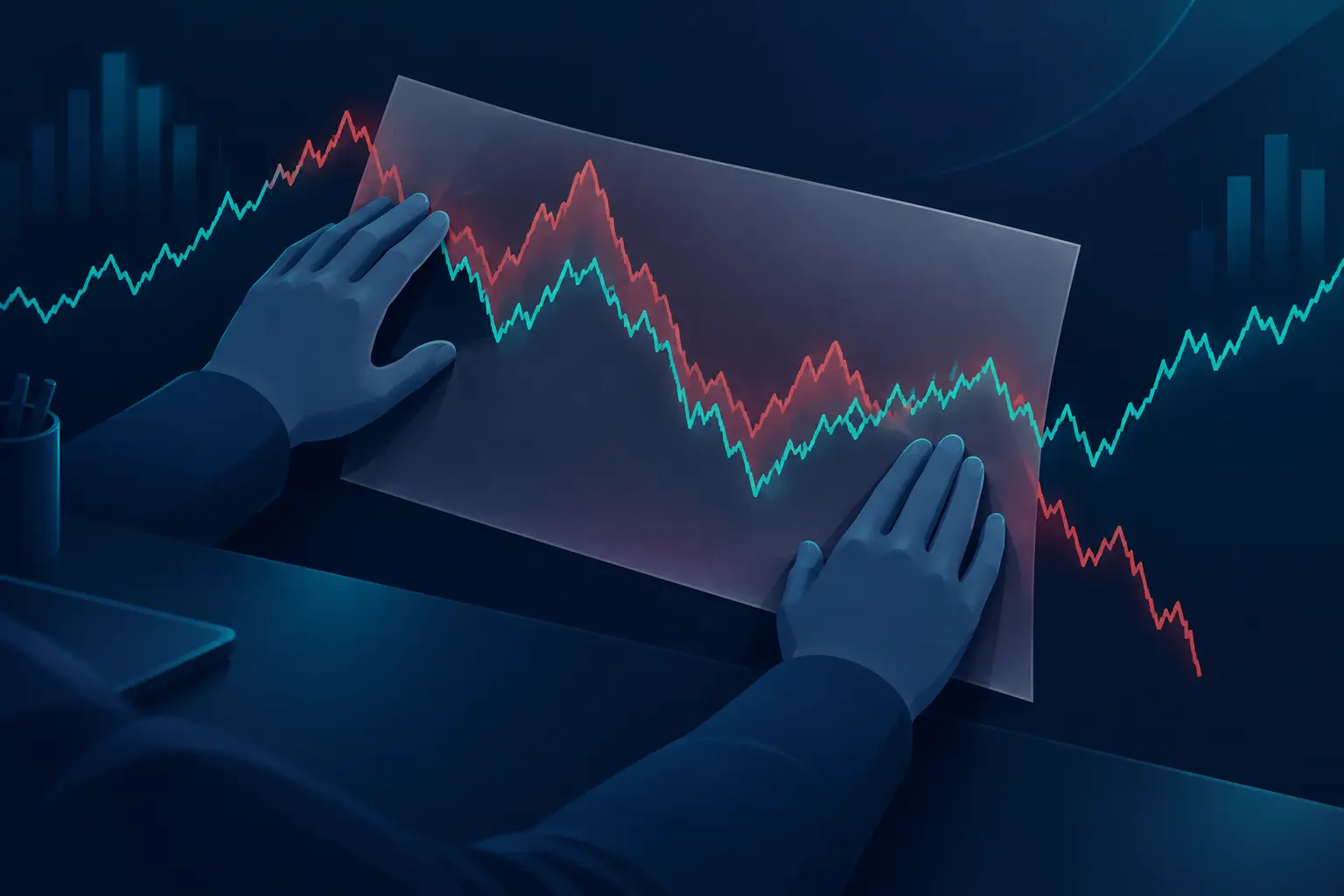 Two hands pressing a translucent tracing sheet of an old declining market shape over a live rising price line so the middle sections appear to match while the ends clearly do not.