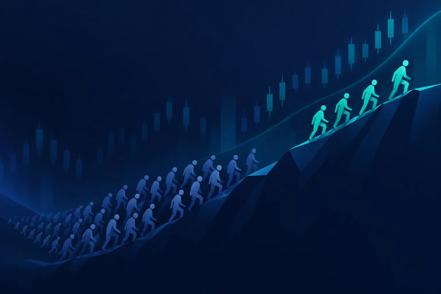 A long column of figures climbing a slope where only three or four leaders at the front reach the high ground and the large crowd behind them drifts downhill, illustrating a market high carried by few participants.