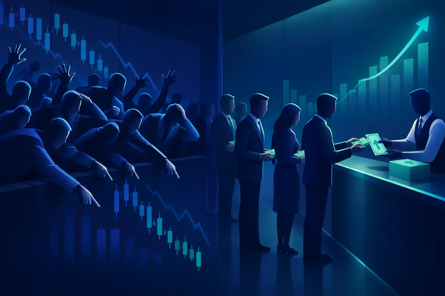 A crowd on the left complaining loudly and pointing downward while the same people queue on the right to hand over cash for upside tickets, illustrating the gap between what traders say and what they pay for.
