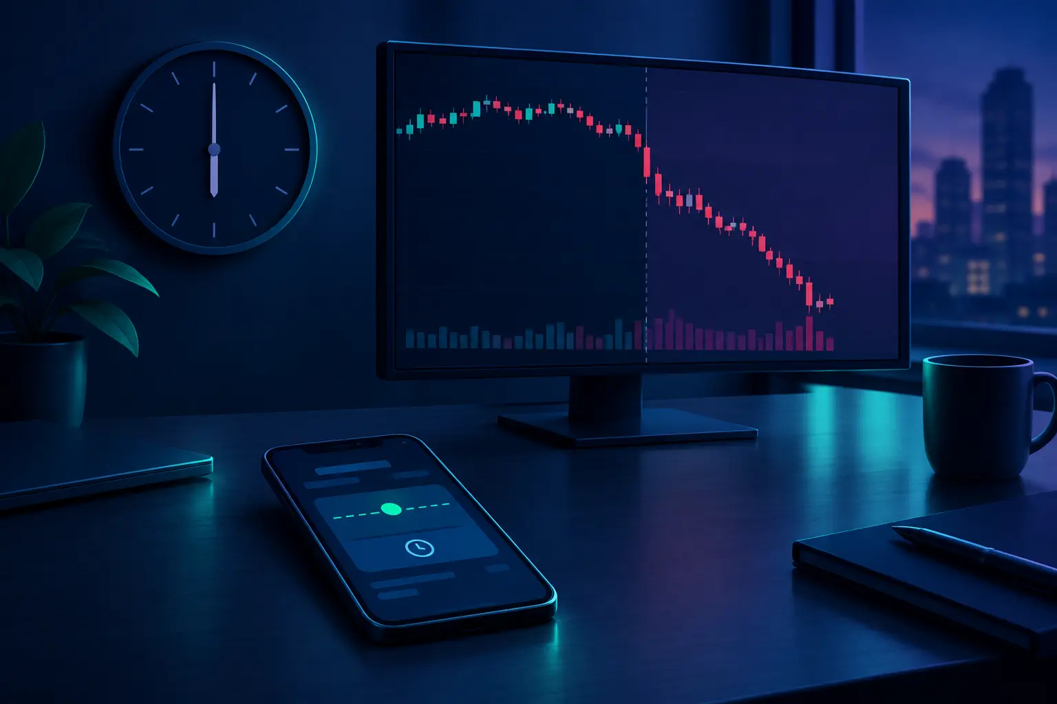 An evening desk with a stock chart falling sharply on a monitor and a phone showing a pending order marked with a clock icon