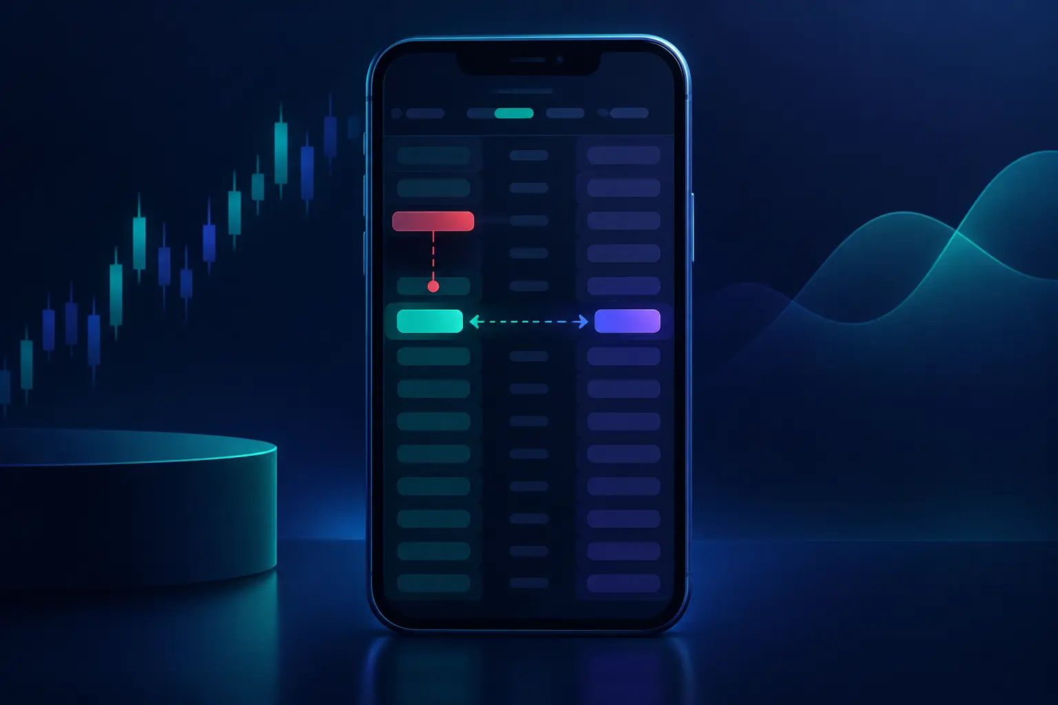 A phone showing an order ladder with a wide gap between the bid and ask columns and a red sell order resting above the bid