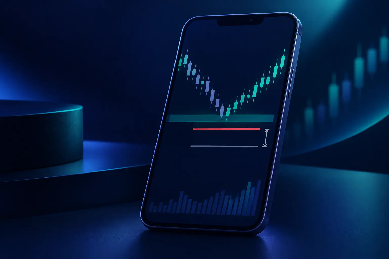 A phone showing a candlestick chart bouncing off a support zone, with a red stop line just below the zone and a grey limit line further down