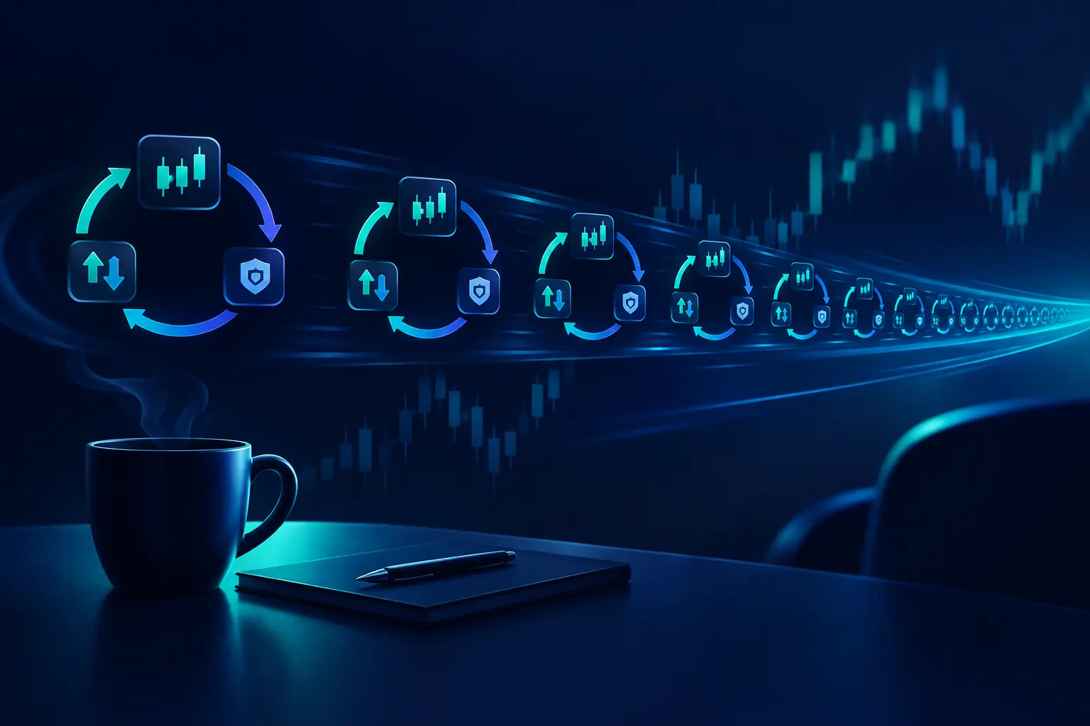 A repeating loop of chart, buy-sell and risk icons shrinking and accelerating into the distance above a desk with a cooling cup of coffee, illustrating the pace of dozens of scalps in one morning.