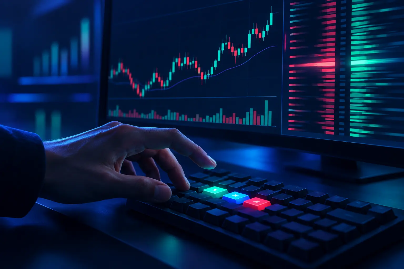A trader's hand hovering over a keyboard with three hotkeys highlighted, a one-minute chart and a fast-scrolling order book behind it, conveying split-second execution.