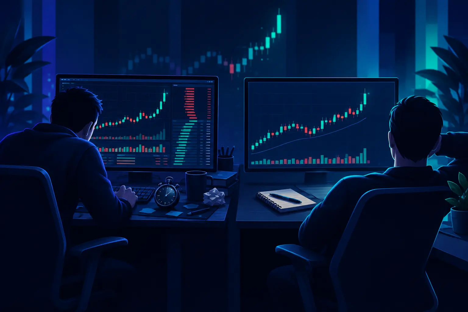 Two traders at neighbouring desks watching the same breakout candle, one with a cluttered one-minute order screen and a stopwatch, the other with a calm fifteen-minute chart and a notepad.