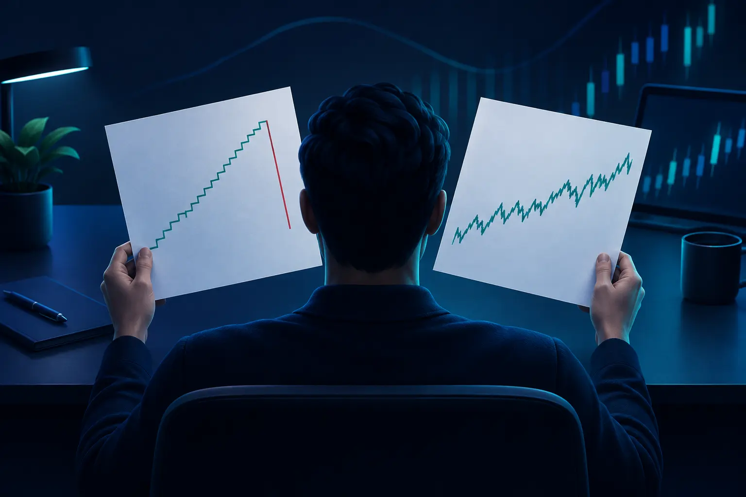 A trader looking at two printed equity curves side by side, one a smooth staircase with a single sharp cliff, the other a jagged sawtooth that grinds upward.
