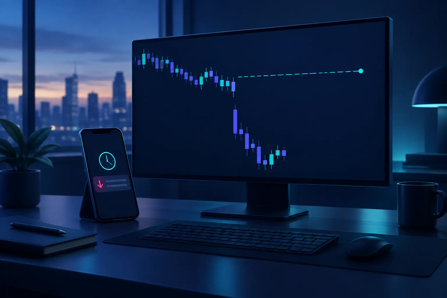 A desk at dusk with a monitor showing a stock chart that gaps far down between two candles, leaving a dashed order line stranded above the price, and a phone beside it showing a pending sell order with a clock icon