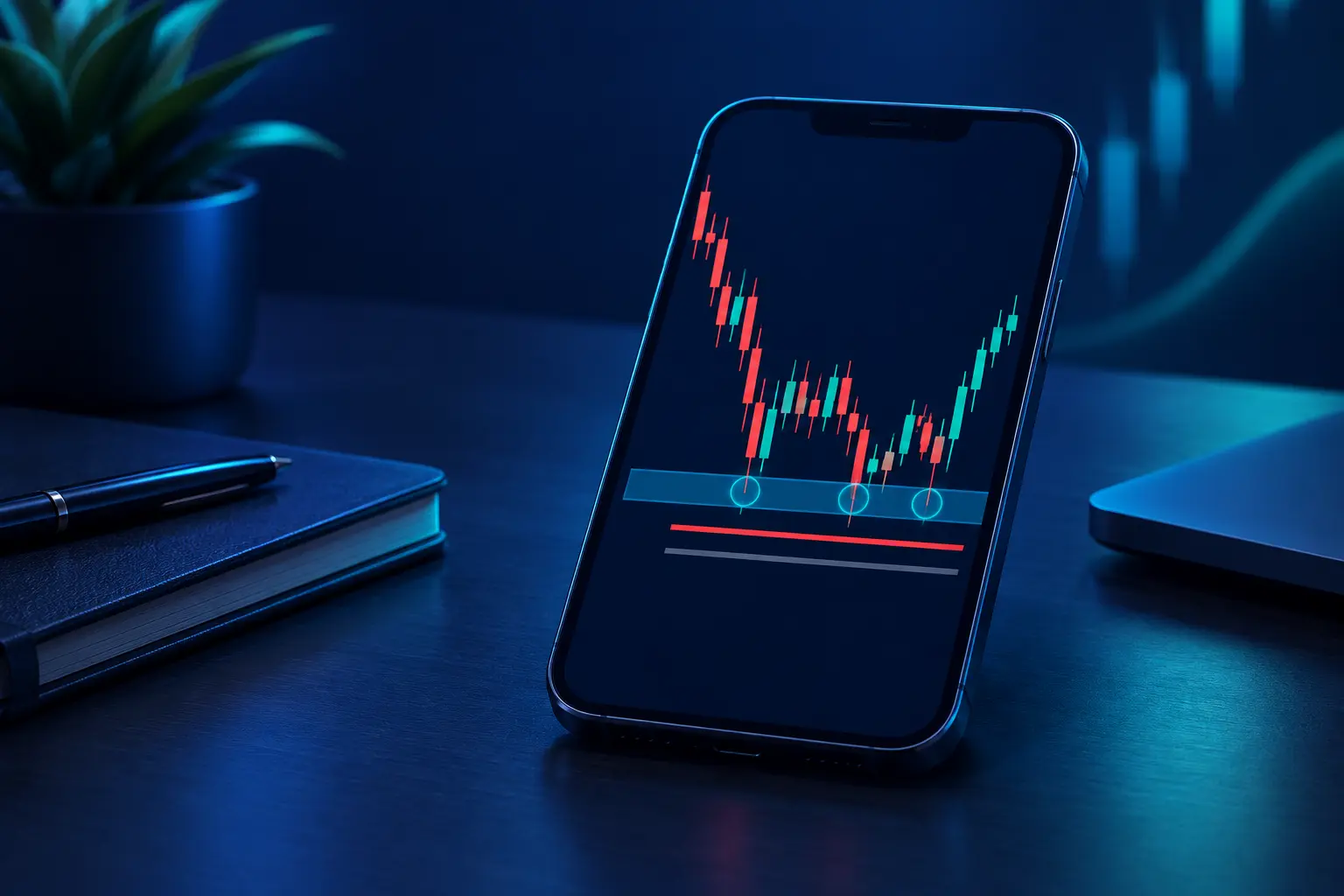 A trader's phone showing a candlestick chart that has bounced three times off a shaded support zone, with a red stop line just below the zone and a grey limit line a little further down