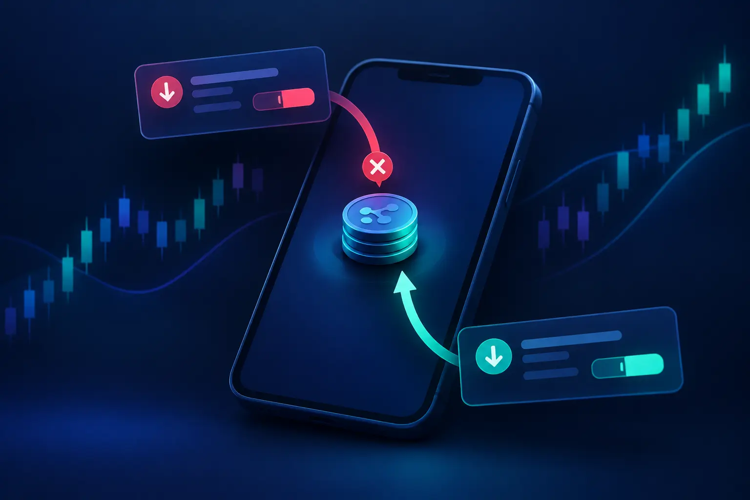 Two sell order tickets on either side of a phone reaching for the same small stack of shares, with one ticket marked by a red rejected icon