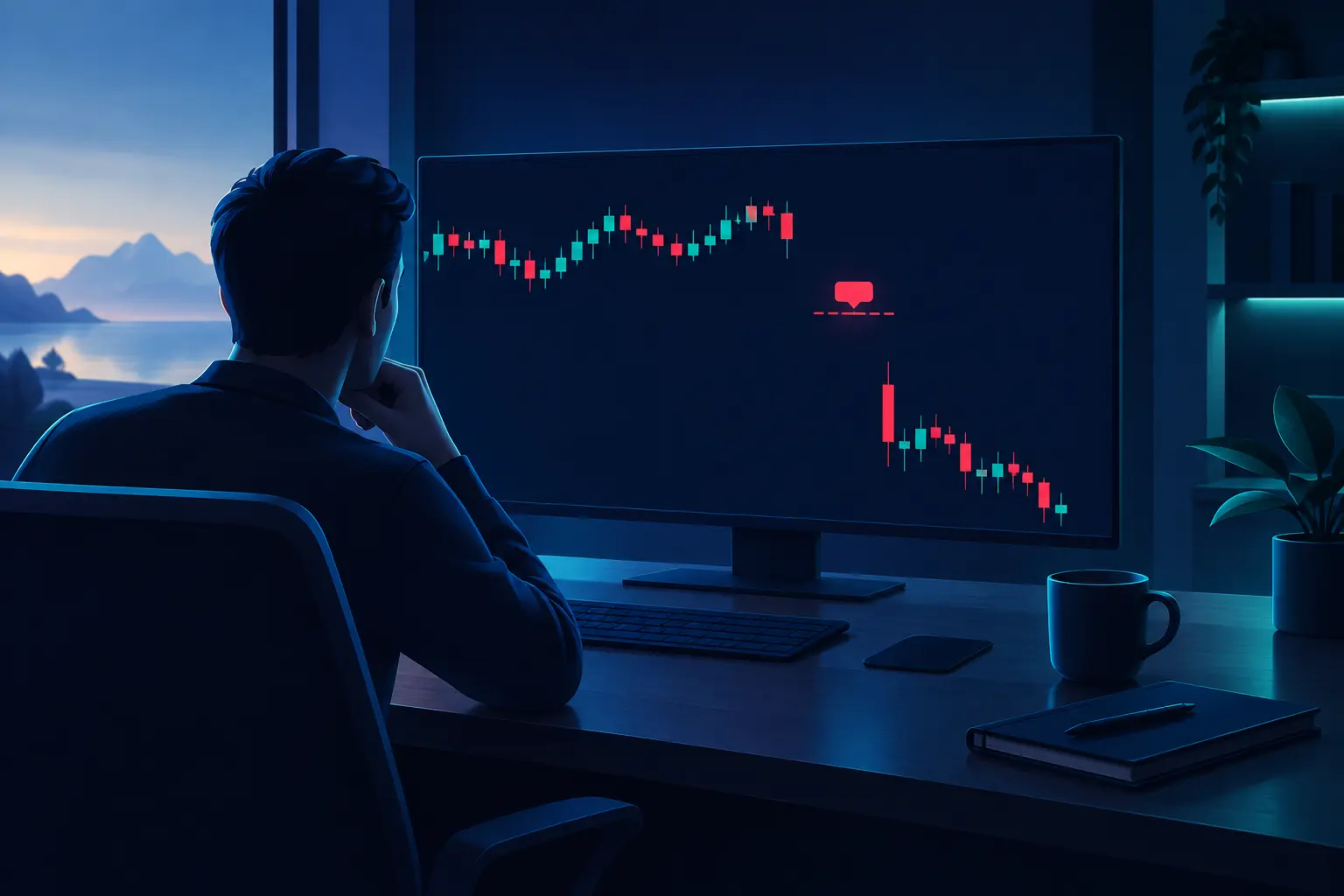 A trader at a desk on a quiet weekend morning looking at a candlestick chart where an empty space separates one session's last candle from the next session's first candle far lower, with a red stop marker sitting inside the gap.
