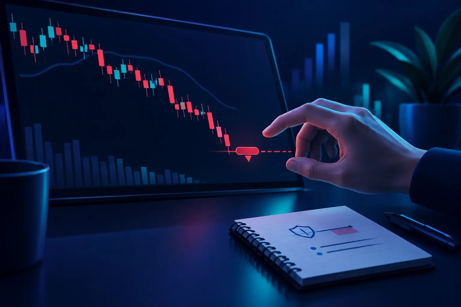 A trader's hand reaching toward a red stop marker on a candlestick chart, pausing as if about to drag it further below the falling price, with a notebook of trade-plan notes on the desk beside the screen.