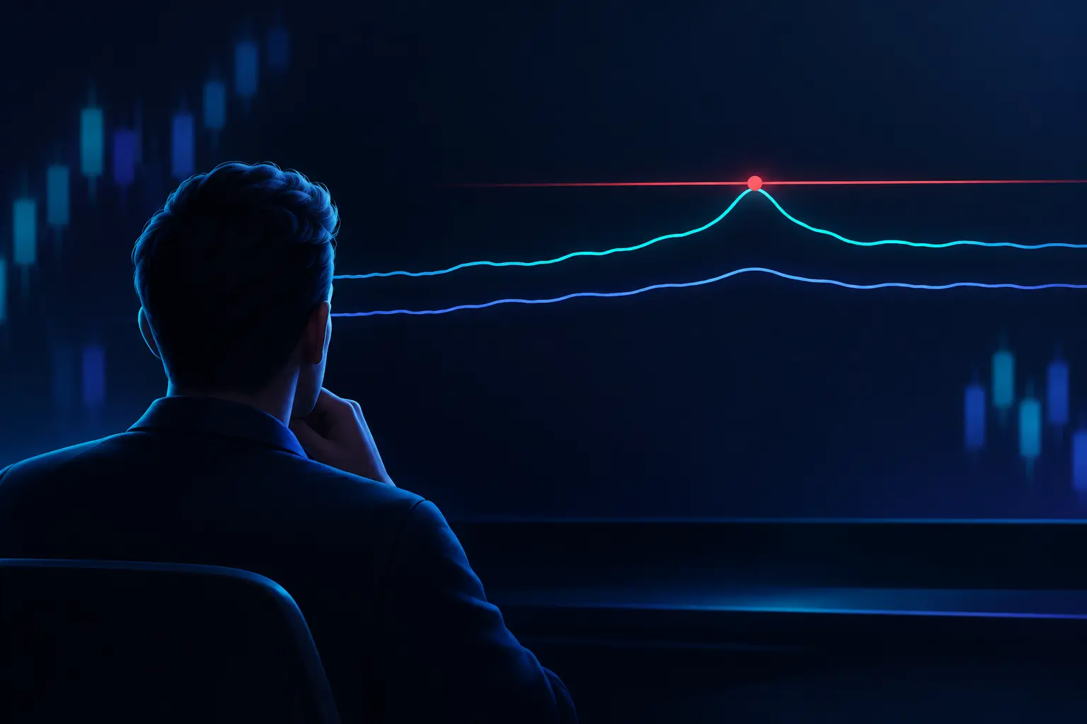 A trader watching two parallel price lines on a dark screen, where the upper line briefly spikes up to touch a red stop marker while the lower line stays below it.