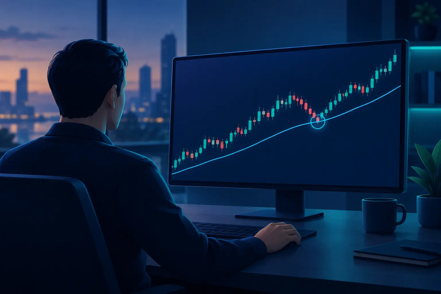 A trader watching a stock chart where price dips back to a rising moving average line and turns upward again