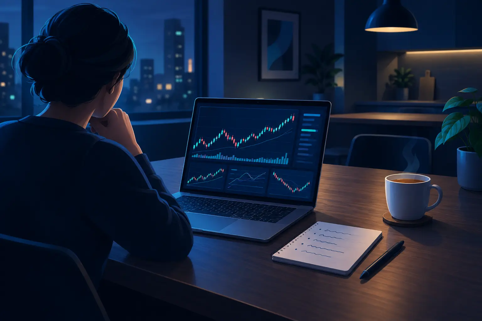 A trader at a kitchen table in the evening reviewing daily stock charts on a laptop with a short handwritten watchlist beside it