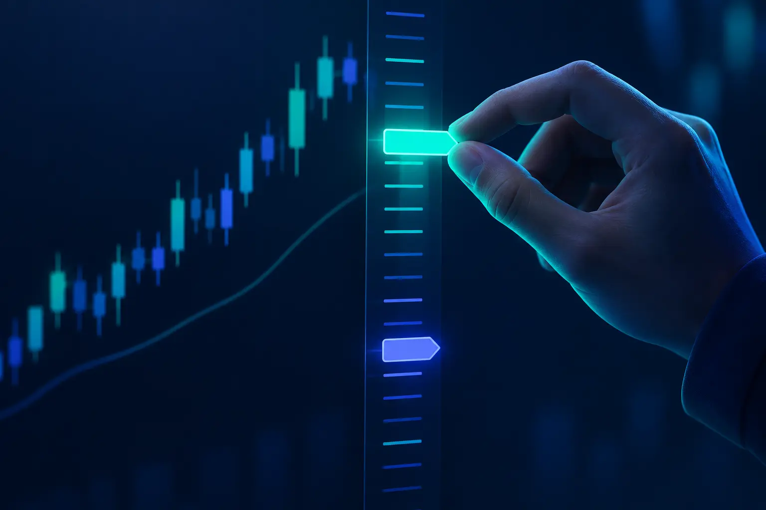 A trader's hand dragging a small glowing tag along a vertical price ladder on a dark trading screen, with a second tag already parked lower down the ladder.