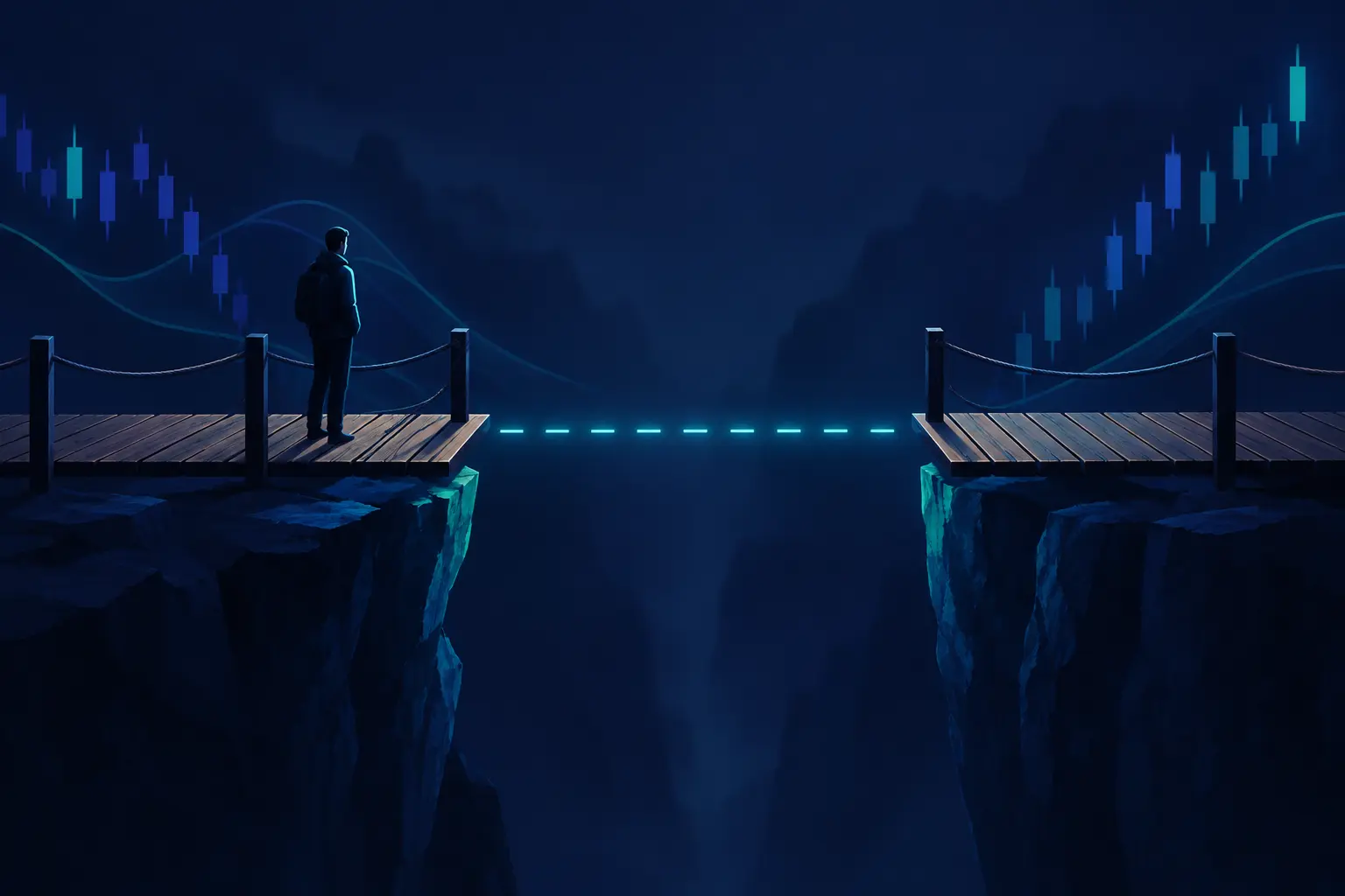 A wooden footbridge with a missing middle section over a dark gap, a dashed glowing line marking where the planks should be, and a lone figure stopped at the edge.