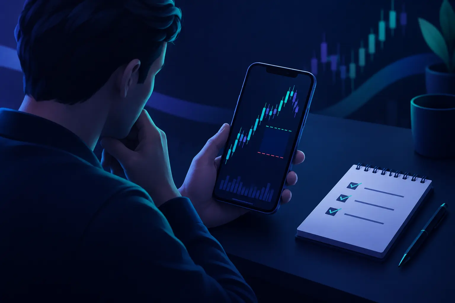 A trader studying a phone chart where two dashed order lines frame an empty box, a notepad with a ticked checklist on the desk beside the phone.