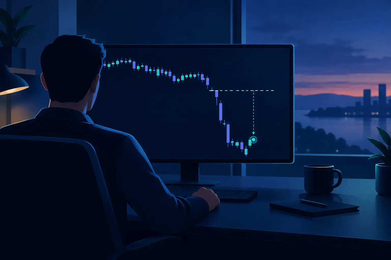 A trader at a desk at dusk watching a chart fall sharply through a dashed stop line, with the fill marker sitting well below the line