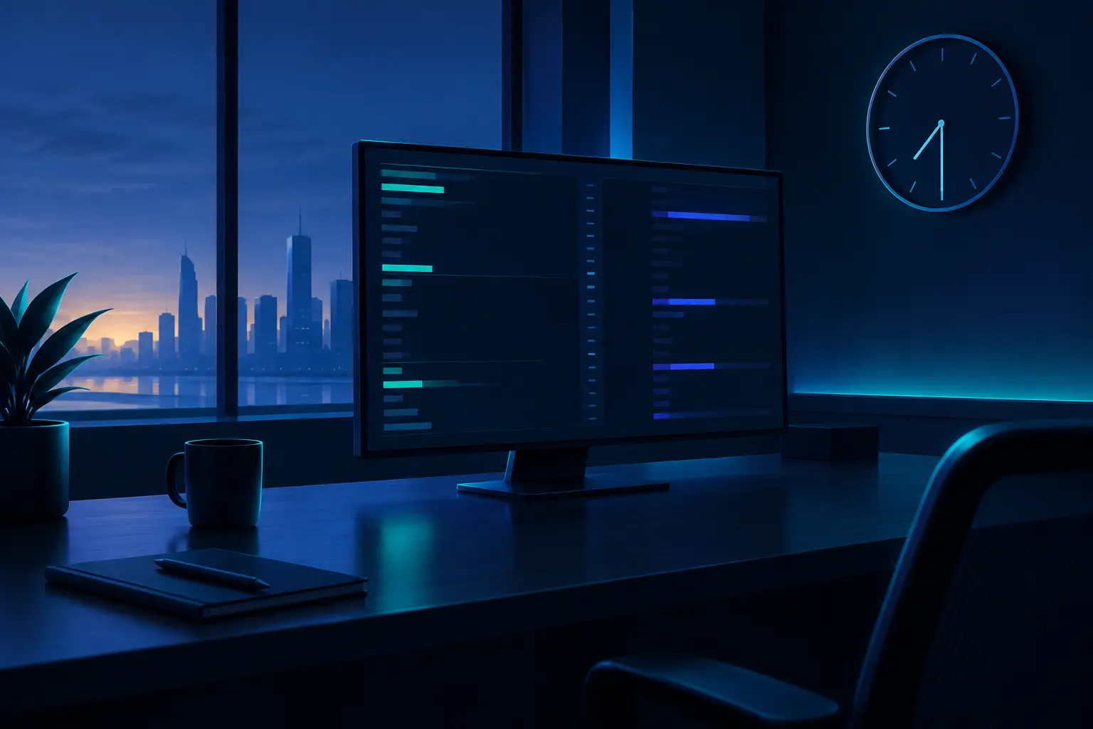 An empty trading desk before dawn with a monitor showing a sparse order book, long gaps between the few resting orders, and a wall clock just after 7