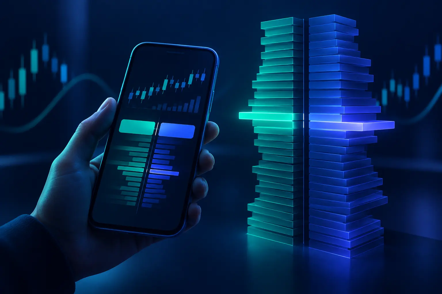 A hand holding a phone with a quote and order book on screen, beside a tall stack of bid and ask layers with the best prices highlighted in the middle